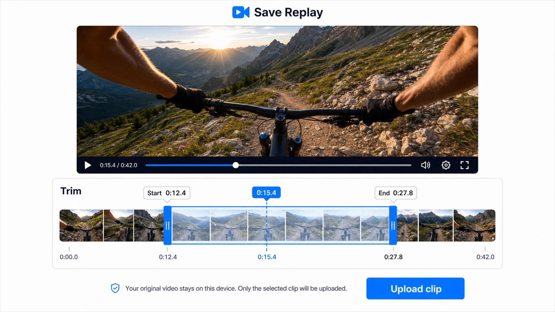 Save Replay trim workspace with video preview, timeline selection, and upload action